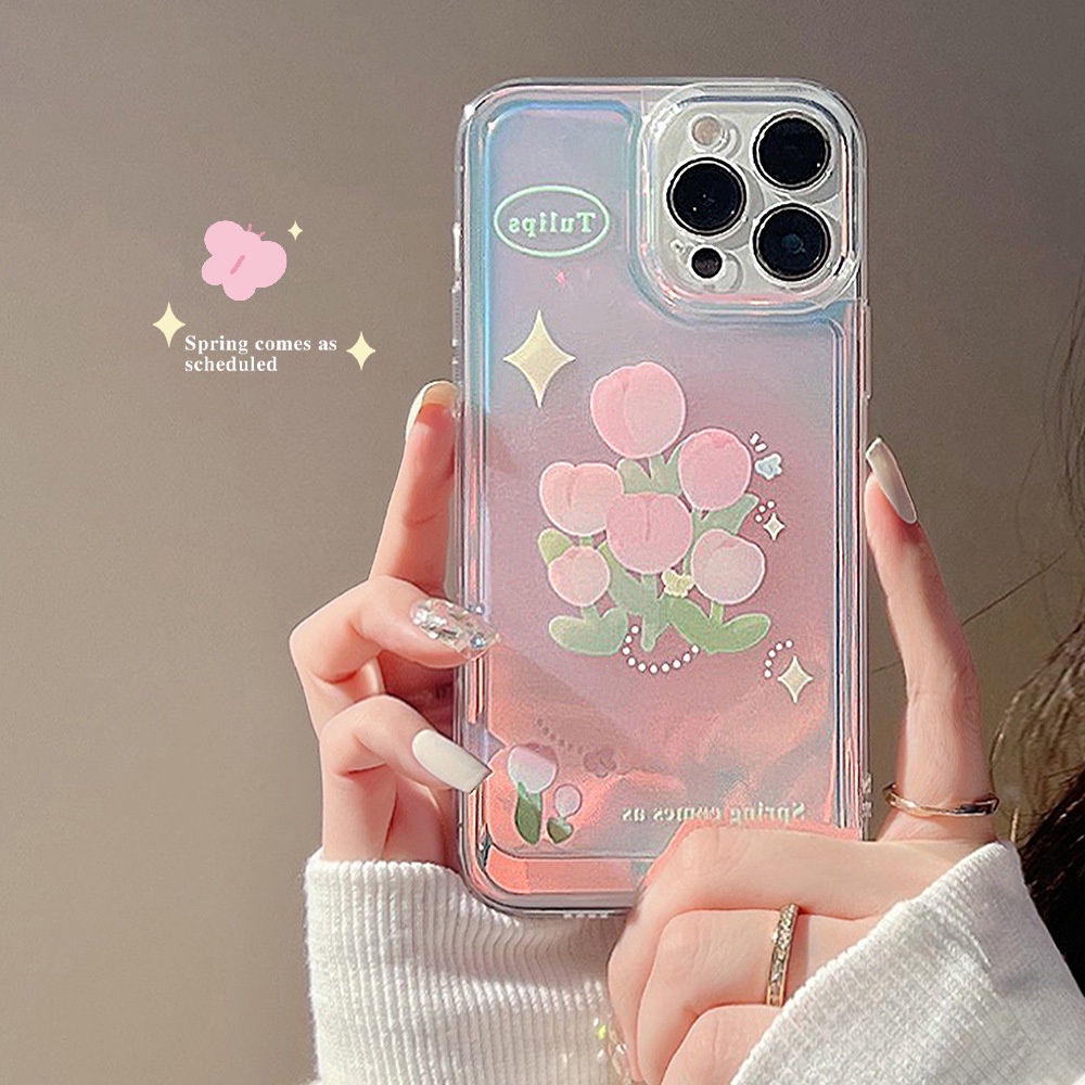 Ốp điện thoại trong suốt hoa tulip màu laser thích hợp cho iPhone 7 8 PLUS X XR XS 11 12 13 14 MINI PRO MAX SE 2020