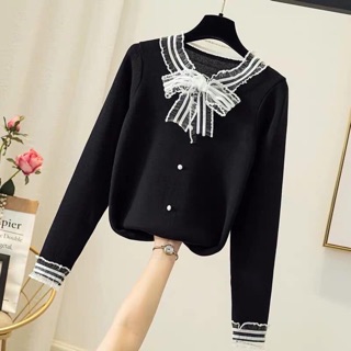Áo len cúc ngọc buộc nơ cho nữ