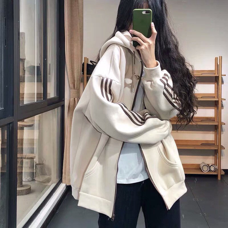 Áo khoác nam nữ thể thao ulzzang 3 sọc màu be🌸 Áo sweater hoodie nỉ bông kiểu dáng thể thao form rộng unisex K33 | BigBuy360 - bigbuy360.vn