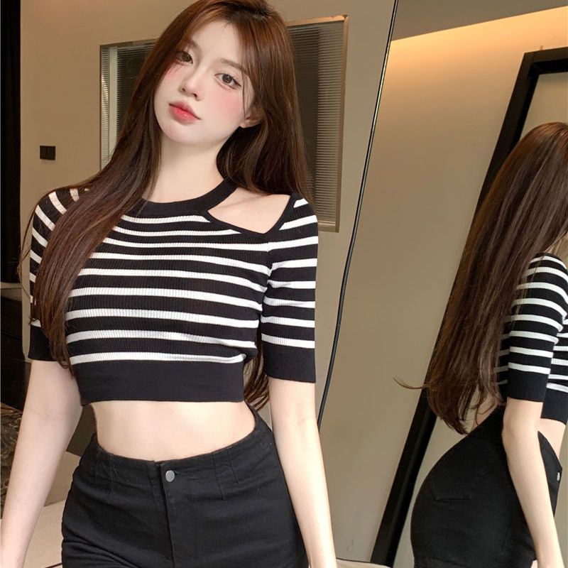 Áo Dệt Kim Tay Ngắn Hở Vai Họa Tiết Kẻ Sọc Trẻ Trung  tao bao