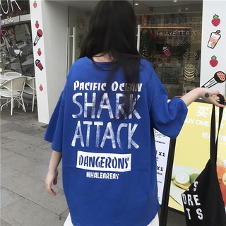 Áo thun nữ phối chữ shark attack phong cách eva ao 30157