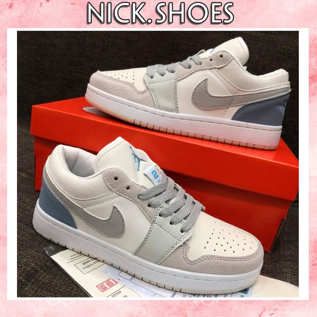 Giày 𝐉𝐨𝐫𝐝𝐚𝐧 1 low paris màu xám gót xanh nam nữ, Giày sneaker JD 1 paris cổ thấp bản đẹp 2021