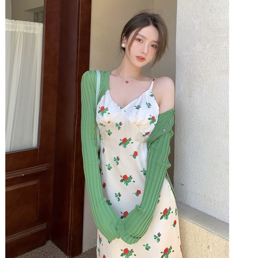 Đầm 2 Dây, Váy Nữ Dáng Dài, Đầm Maxi Họa Tiết Hoa Hồng Quyến Rũ Nhẹ Nhàng Nữ Tính