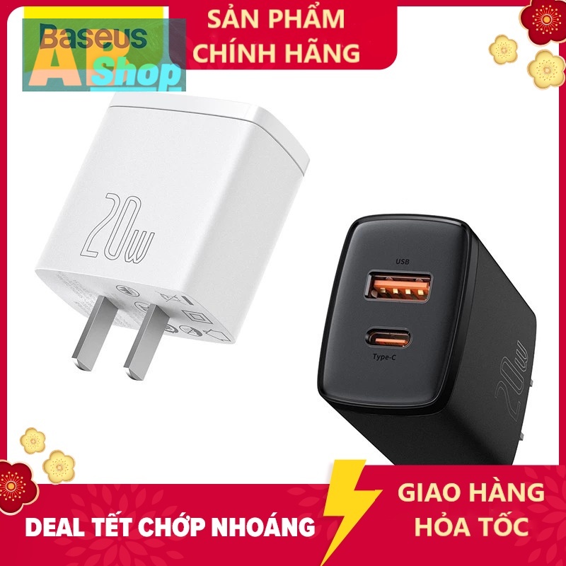 Bộ sạc 2 cổng 20w  Baseus cổng loại USB + C/PD 20W hỗ trợ sạc nhanh cho iPhone 12- 20w PD QC - 2 cổng USB + C