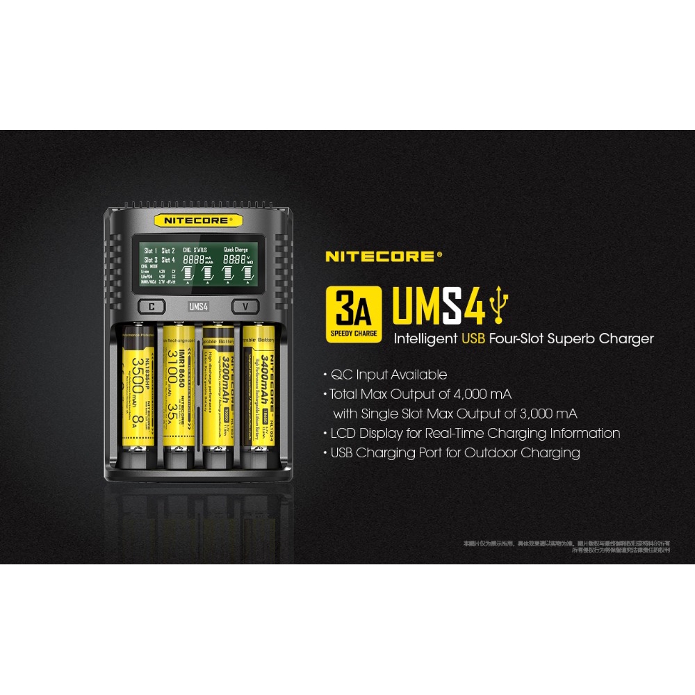 Bộ Sạc Pin Thông Minh Nitecore UMS4 Đầu Ra 3A Cho LiFePO4 Ion Ni-MH NiCd 18650 10340 10350 10440 10500