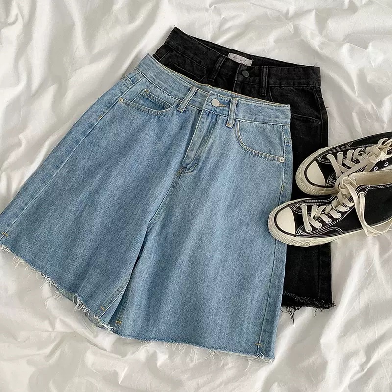 Quần short jean denim form lửng lưng cao lai tua rua 2 màu đen xanh