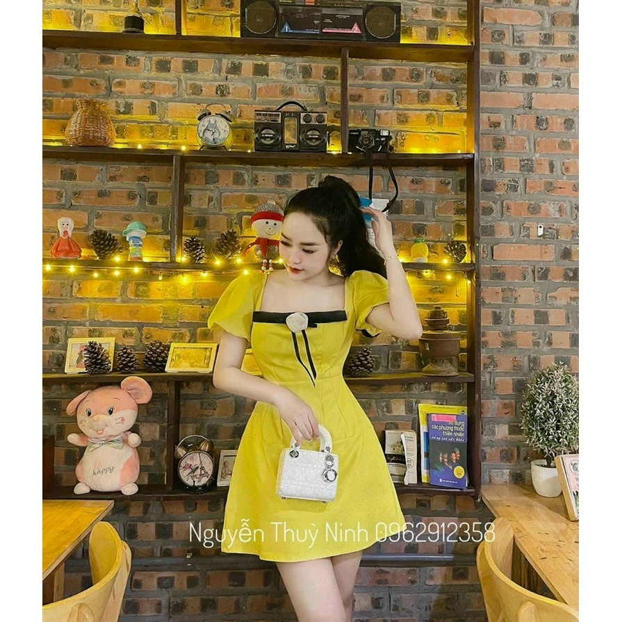 (Sale FreeShip) Đầm thiết kế đi tiệc,đầm tiểu thư cổ vuông tay phồng cài hoa trước ngực,chất tapta cao cấp from chuẩn