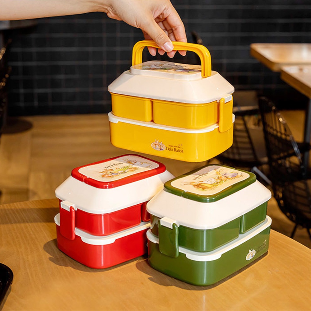 Hộp đựng cơm 2 tầng Debi kèm Thìa và dĩa nhỏ gọn tiện lợi có quai xách