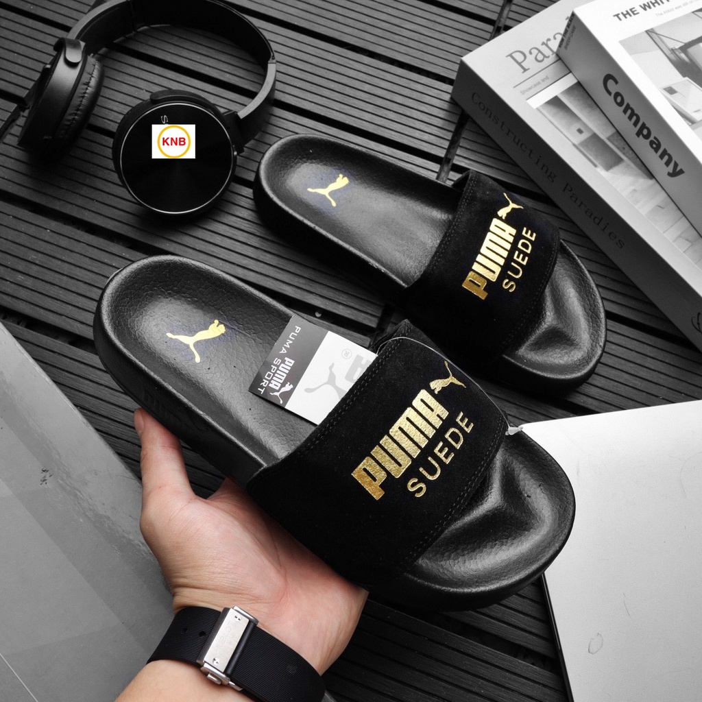 Dép 𝐏𝐔𝐌𝐀 ❤️FREESHIP + Hộp❤️ dép unisex 𝐌𝐋𝐁 quai ngang bóng chày thể thao nam nữ in PUMA da lộn, đế IP bền,màu đen