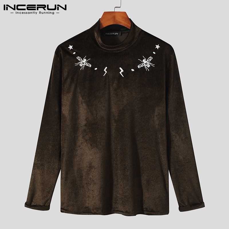 Áo thun INCERUN tay dài cổ lọ thêu họa tiết thời trang xuân thu cho nam