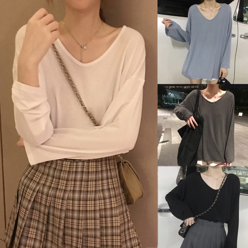 Áo thun nữ tay dài cổ chữ V màu sắc thời trang