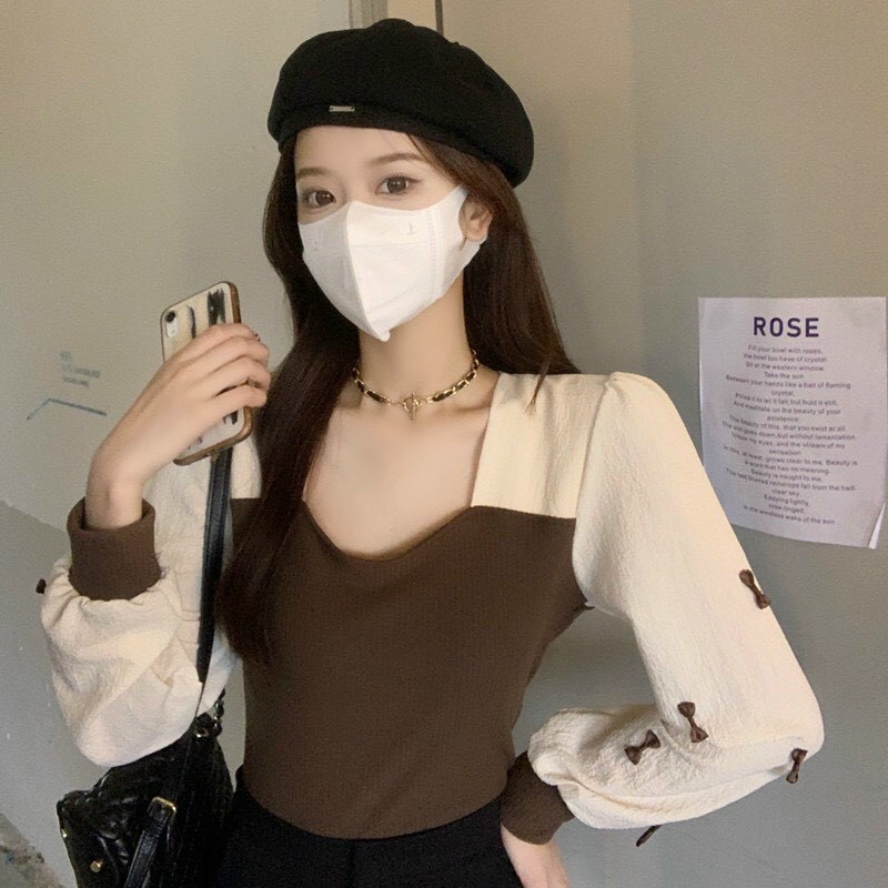 Áo peplum len tay phồng bo phối nơ kiểu quảng châu ulzzang