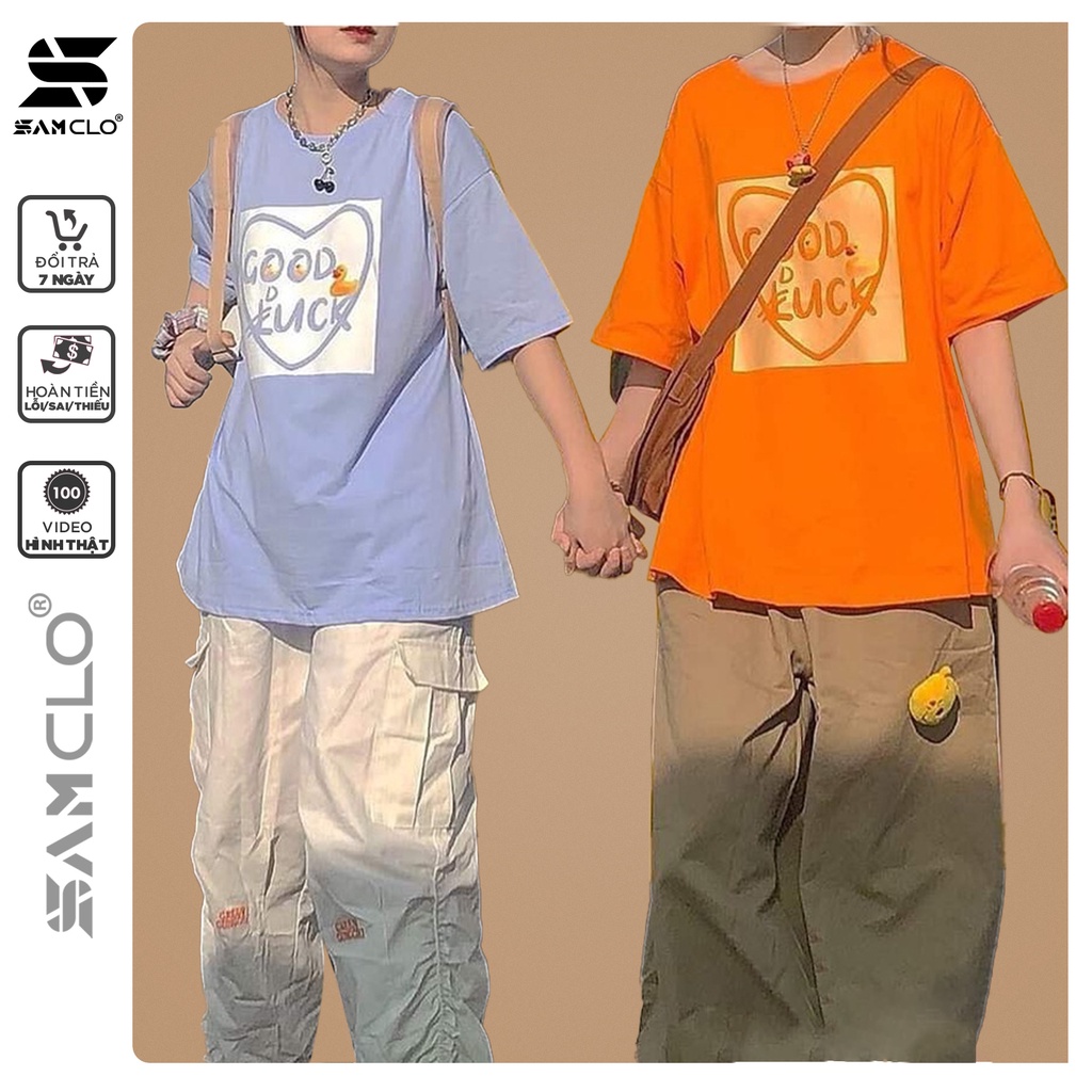 Áo thun nữ tay lỡ SAM CLO freesize phông form rộng dáng Unisex, mặc lớp, nhóm, couple hình TRÁI TIM chữ GOOD LUCK