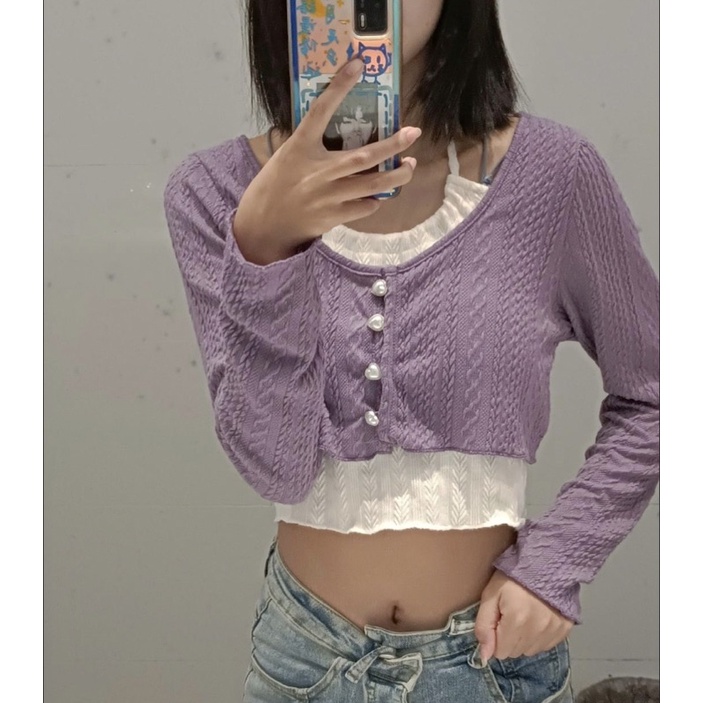 Set áo Cardigan croptop dệt kim kèm áo yếm trắng nữ famos