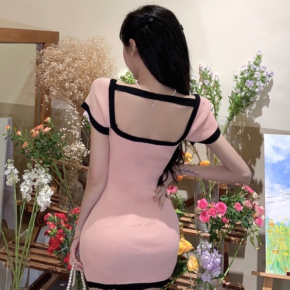 Đầm ngắn ZHELIHANGFEI dệt kim trễ vai đính nơ thời trang quyến rũ xinh xắn cho nữ