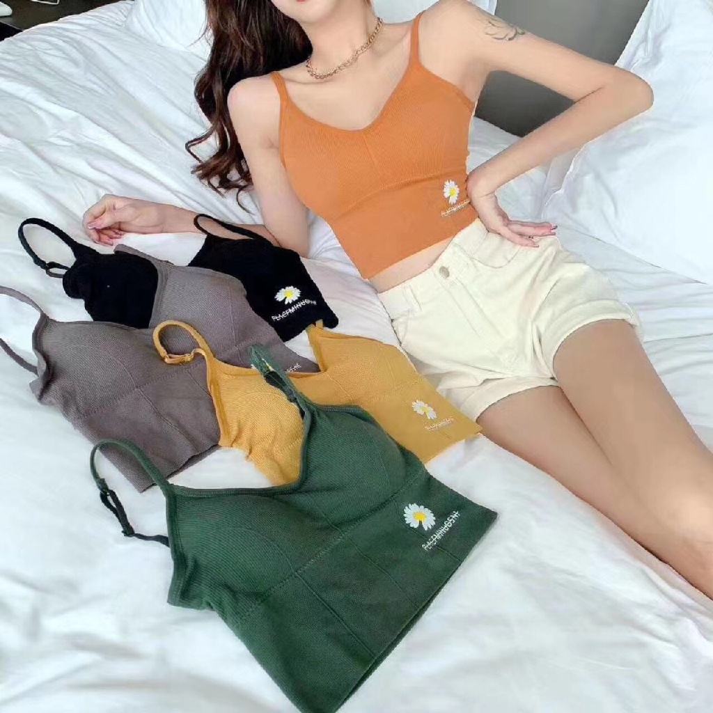 ÁO BRA  2 DÂY CROPTOP COTTON TĂM HOA CÚC HOẠ MI DAISY TẠO EO THON HỞ LƯNG - ÁO BRA HAI DÂY KHOÉT LƯNG CO GIÃN TỐT