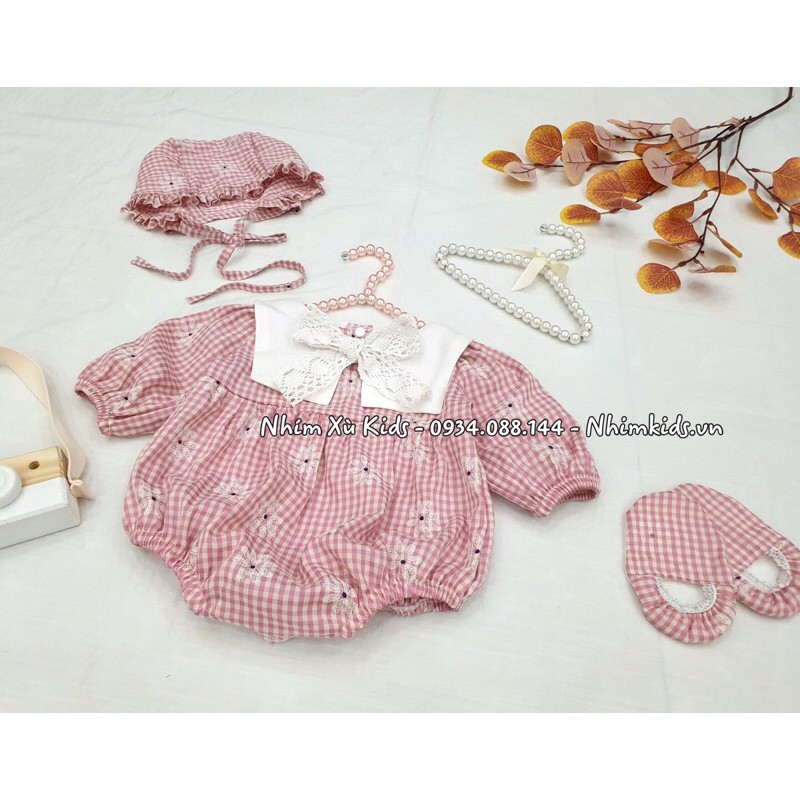 Bodysuit, áo liền quần caro hồng tay dài 3 chi tiết cho bé sơ sinh đến 2tuổi