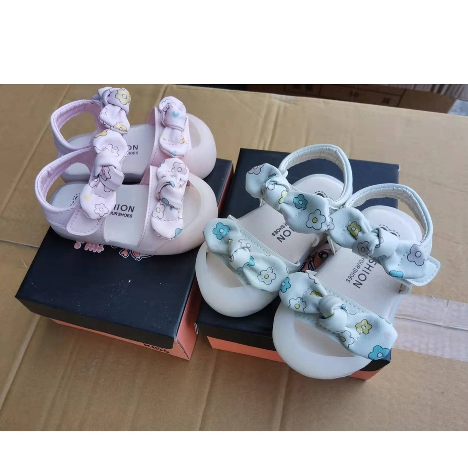 Dép sandal bé gái thời trang tập đi 0-3 tuổi đính nơ quai dán ngang chống trơn chống vấp cho bé