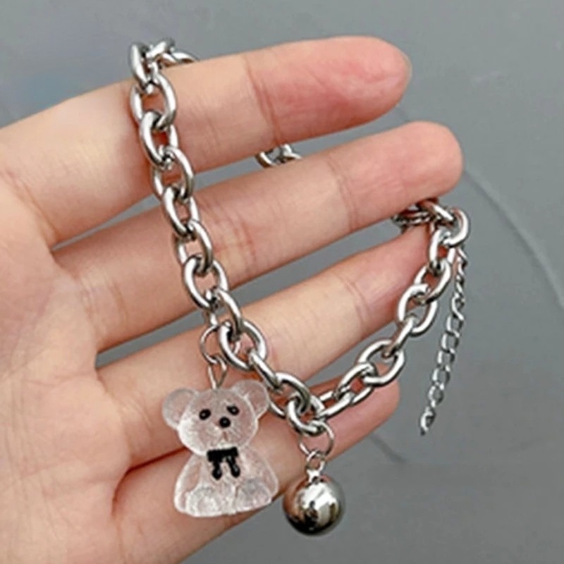 Vòng Tay Kim Loại Màu Bạc Mặt Hình Gấu Hoạt Hình Dễ Thương