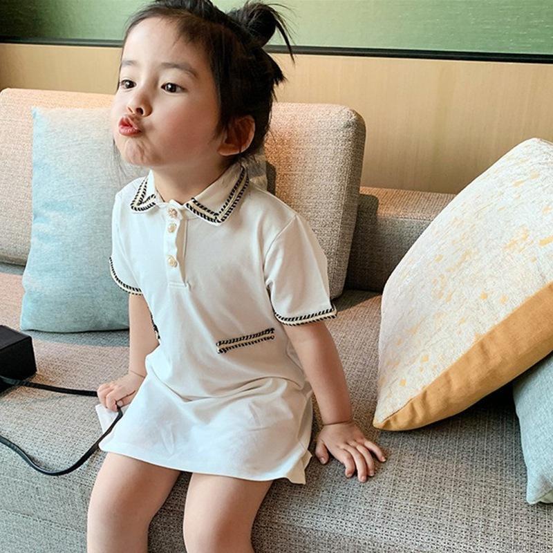 Đầm cổ bẻ tay ngắn phối màu tương phản phong cách hè thời trang Hàn Quốc cho bé gái