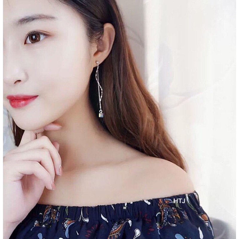 BÔNG TAI BẠC MẶT ĐÁ PHA LÊ VUÔNG DÁNG DÀI