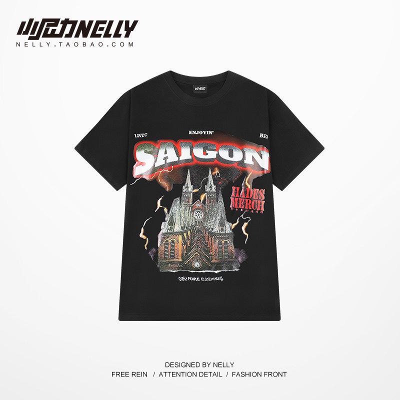 Áo thun tay lỡ NELLY cotton 4 chiều dáng unisex in hình SAIGON HAY02
