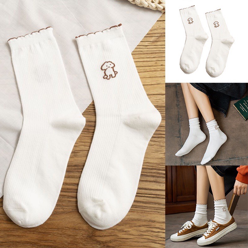 Tất bèo nhún nữ thêu hình chú cún dễ thương vớ chân dài phong cách Nhật Hàn cute đáng yêu thời trang LUMINA TD032