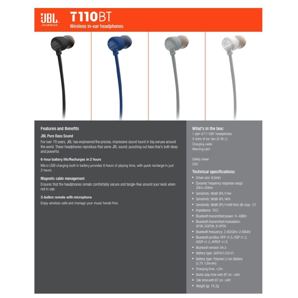 JBL T110BT Wireless In-Ear Headphones