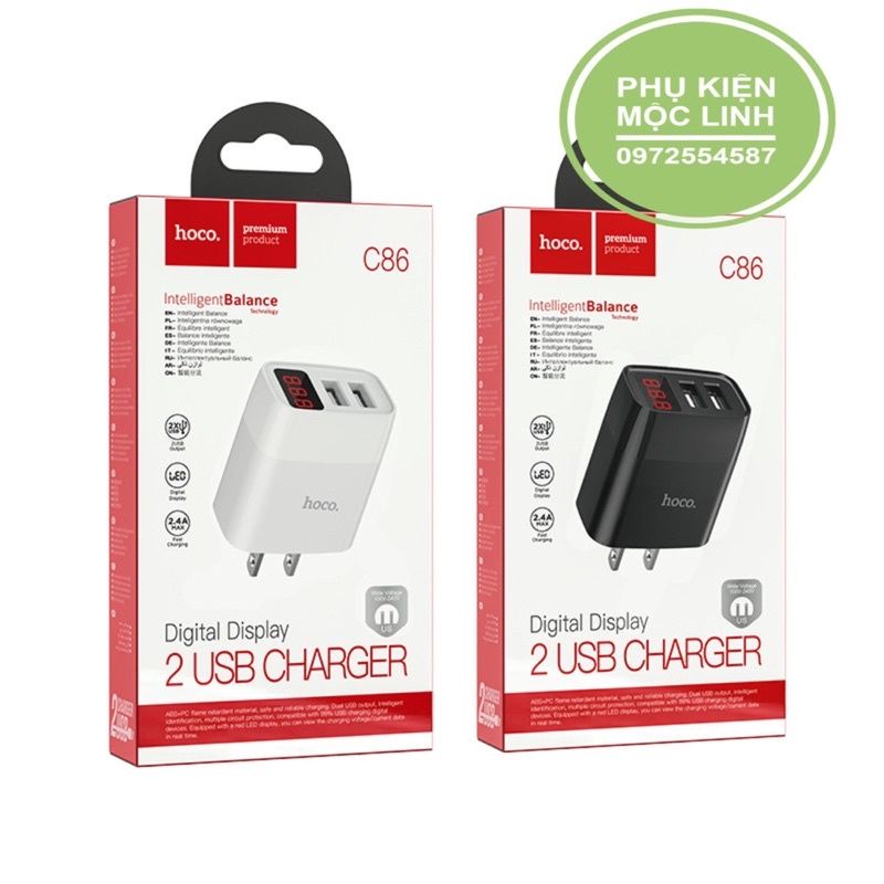 Củ Sạc HOCO C86 dòng điện 2.4A - 2 cổng USB có màn hình LED dùng cho iPhone / iPad / Android - CHÍNH HÃNG