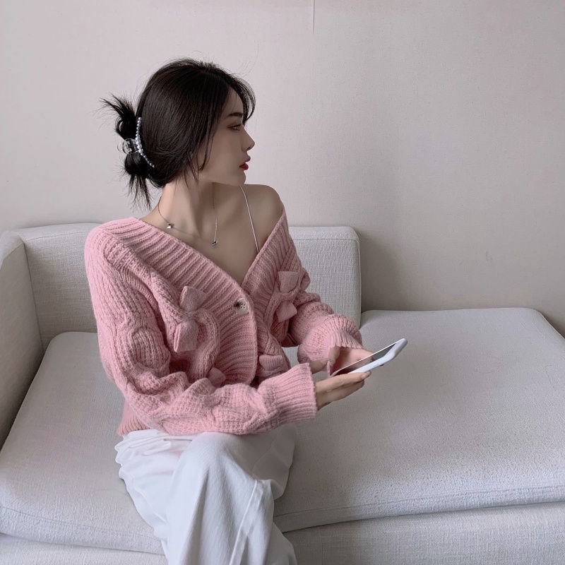 Áo Sweater Dệt Kim Dáng Rộng Trang Trí Nơ Phong Cách Thời Trang Xuân Thu Hàng Mới