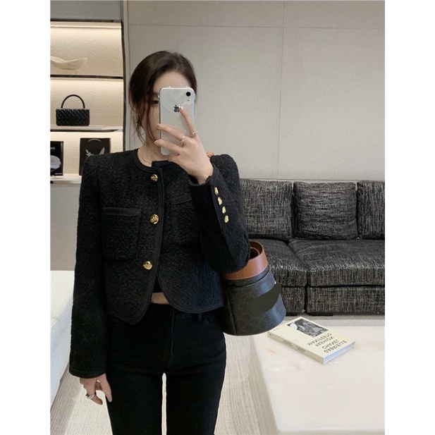 Áo dạ tweed khuy vàng dáng ngắn