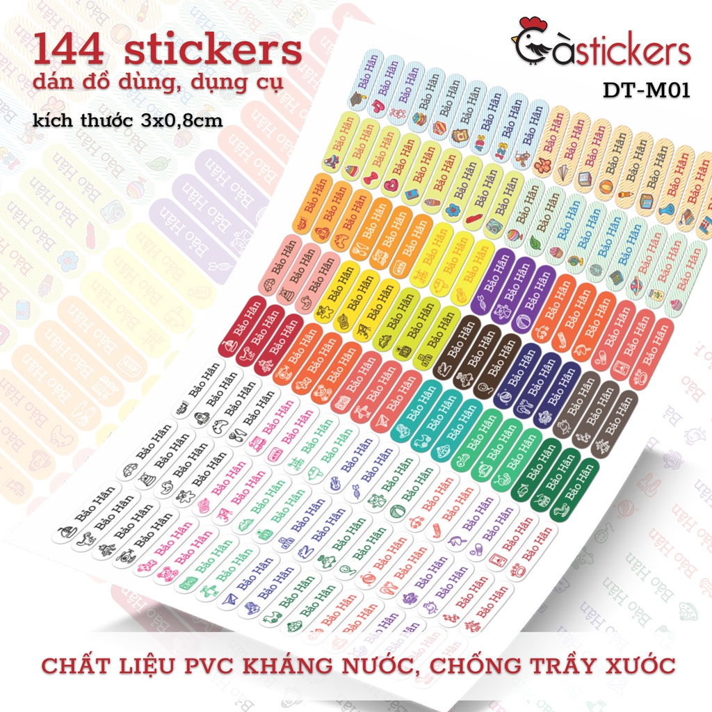 Sticker dán in tên trẻ em GaSticker DTM bộ 144 miếng kích thước 3 x 0,8 cm