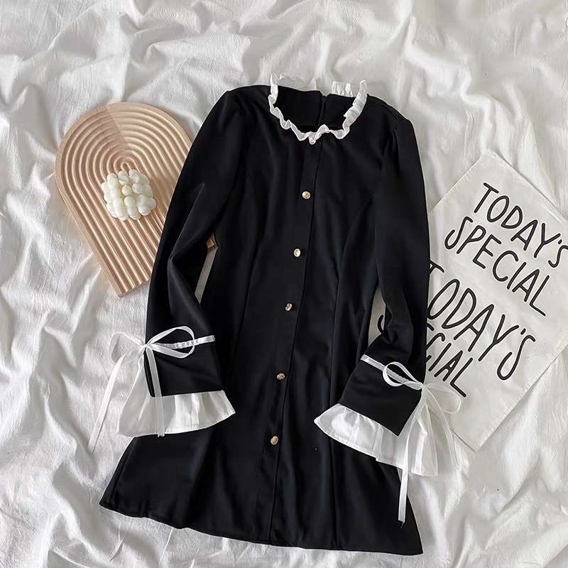 SẴN🎀Váy bánh bèo ulzzang đen cổ bèo tiểu thư đính cúc dễ thương vintage retro|Đầm body ôm thanh lịch đi tiệc sang chảnh