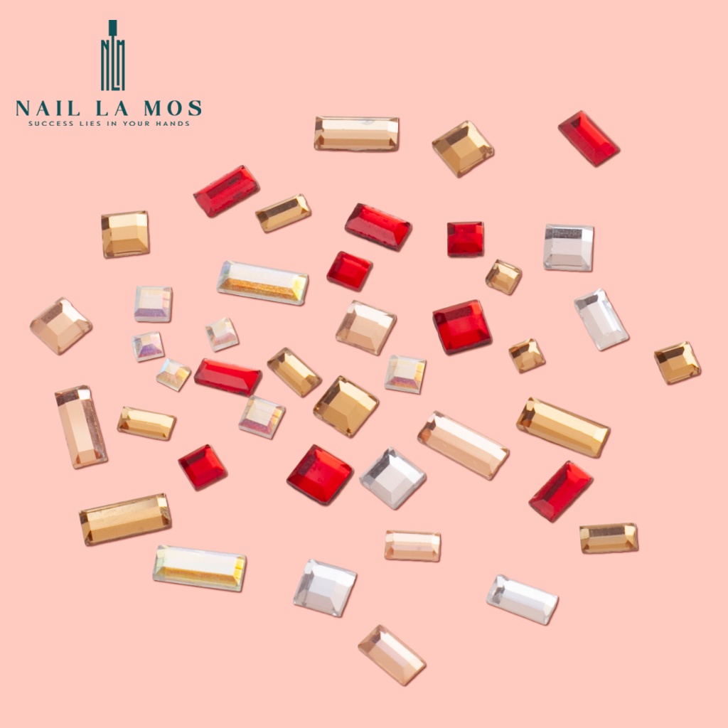 Khay đá khối chân keo đính móng - Đá nail chân bằng mix size chữ nhật, vuông 6 ngăn nhiều màu sang chảnh