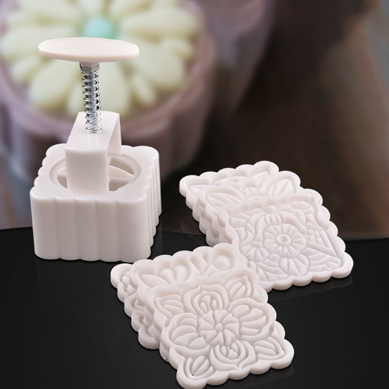 Khuôn Làm Bánh Trung Thu Hình Hoa Vuông Kèm 6 Khuôn Đóng Dấu 250g DIY