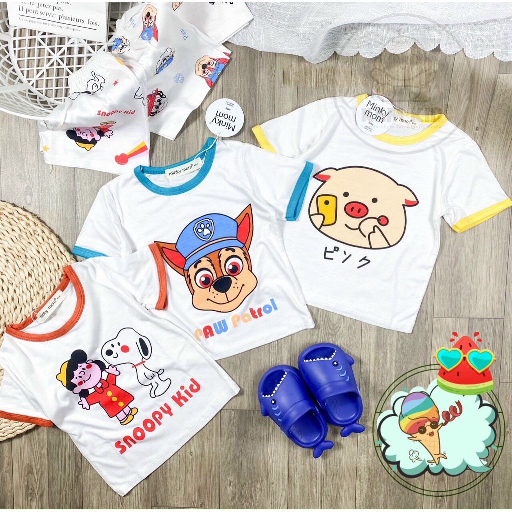 Minky Mom bộ cộc viền màu, quần in hình ngộ nghĩnh