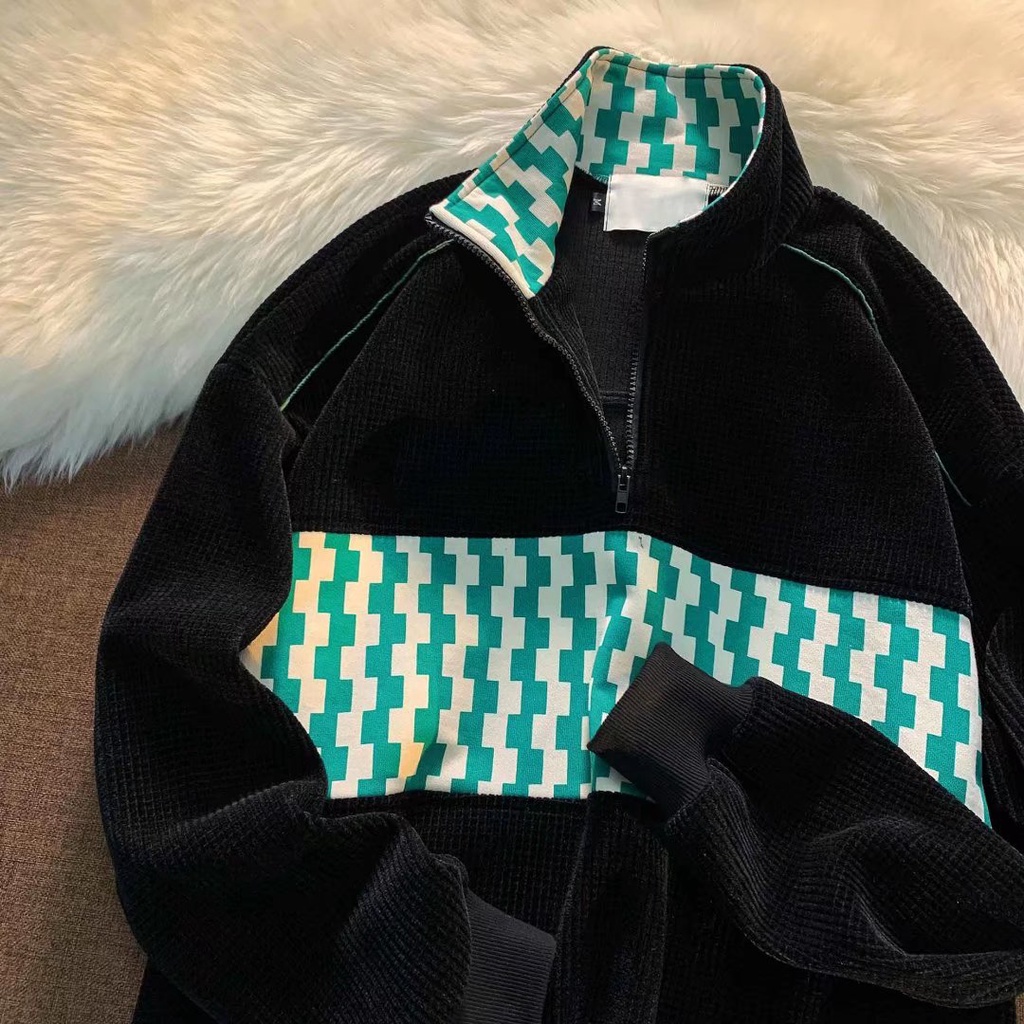 Áo Sweater Tay Dài Cổ Lọ Có Khóa Kéo Họa Tiết Sọc Caro Phong Cách Đường Phố Cho Nam ÁO ThờI Trang KhoáC Gió Unisex Nam ChấT