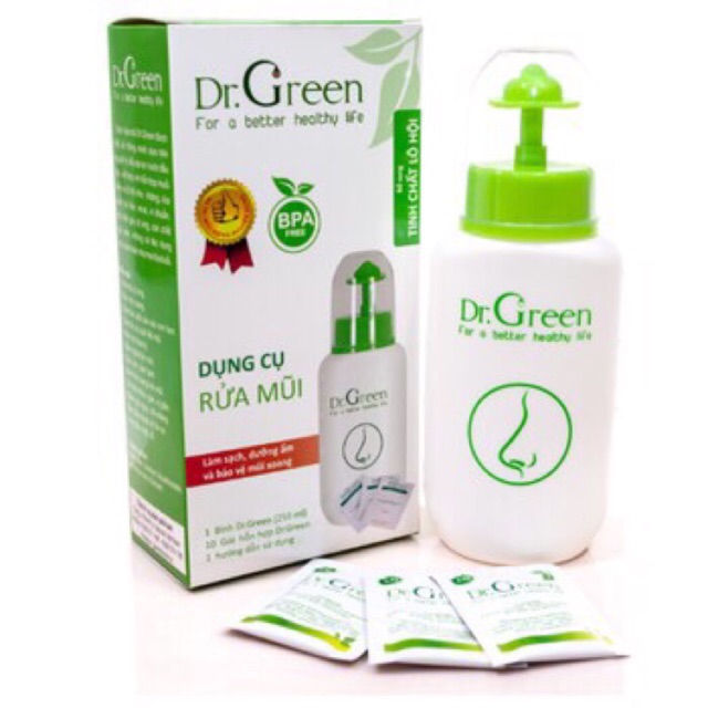 bình rửa mũi Dr Green tặng kèm 10 gói muối rửa mũi lô hội