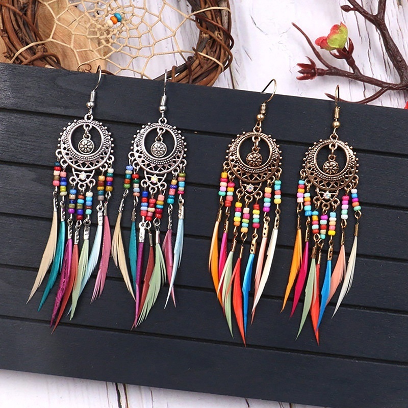 Bông Tai Lông Vũ Màu Cầu Vồng Vintage Cho Nữ