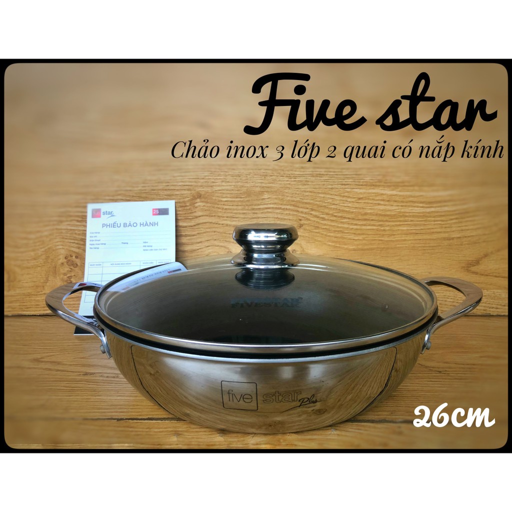 Chảo chống dính inox 3 lớp Fivestar 26cm 2 quai nắp kính