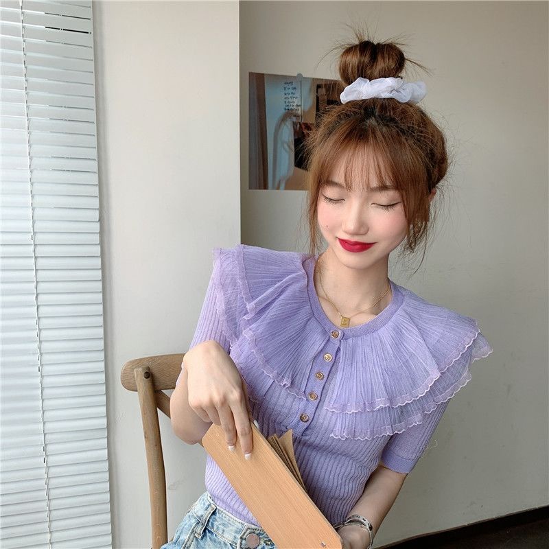 ✁◎Lưới búp bê cổ áo sơ mi Hàn Quốc ngắn tay 2021 mới cho phụ nữ mùa hè thun cạp cao màu tím
