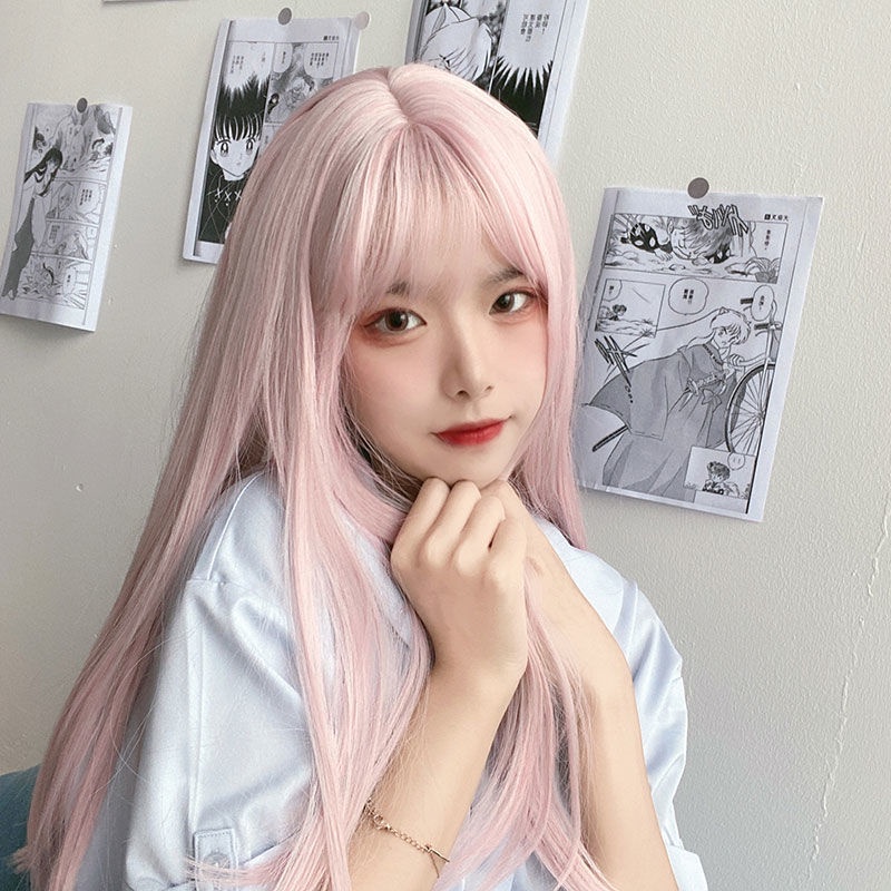 Women's wig cover, full-head lifelike long hair, Chinese clothing, whole cosplay long straight hair, lolita bangs, full set of head beauty, excellent