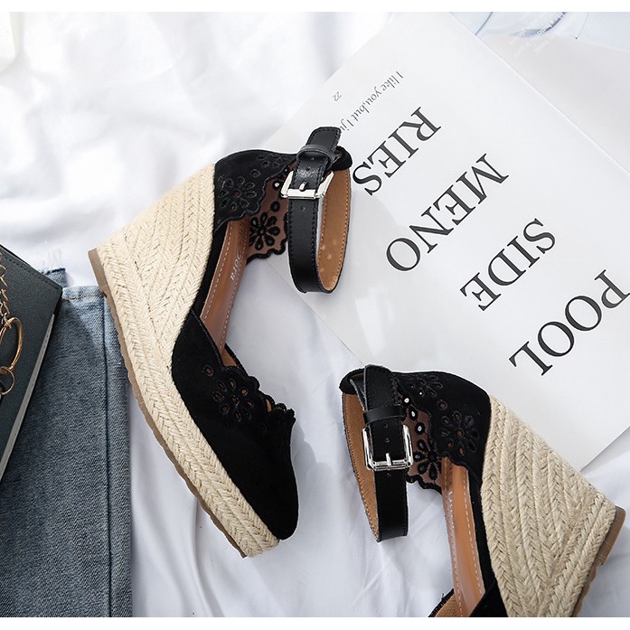 Giày cao gót đế xuồng bọc cói 10cm, chất da lộn viền hoa thêu