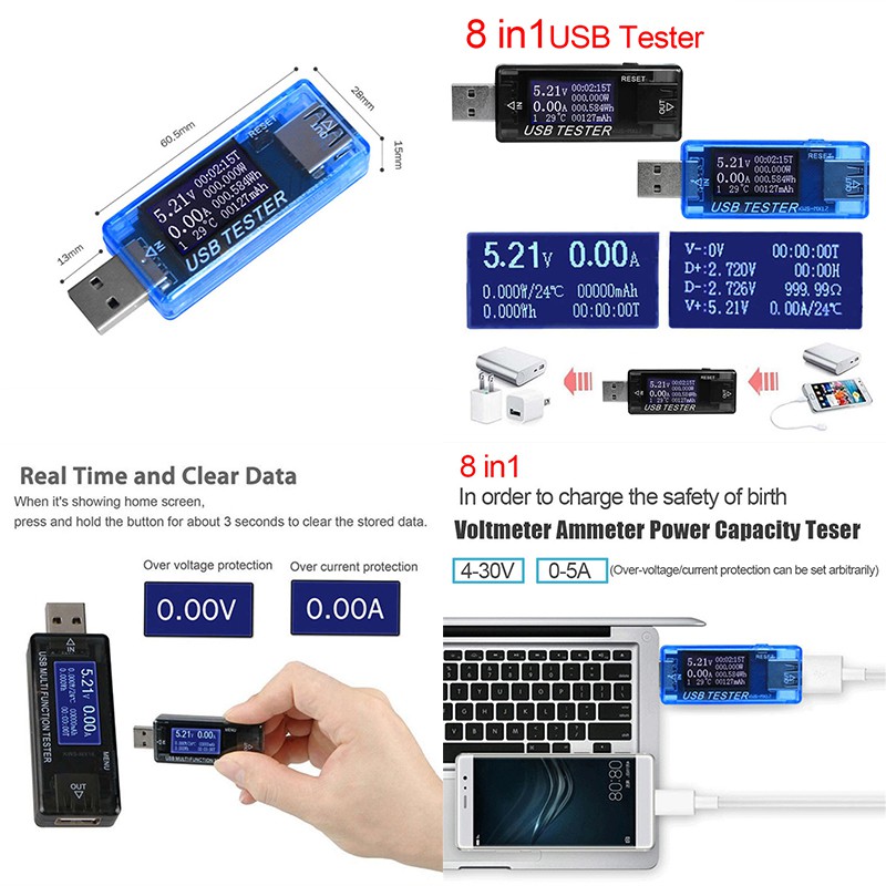 8 trong 1 QC2.0 3.0 4-30V Nguồn điện Công suất USB Máy đo điện áp đo dòng điện theo dõi vôn kế ampe kế