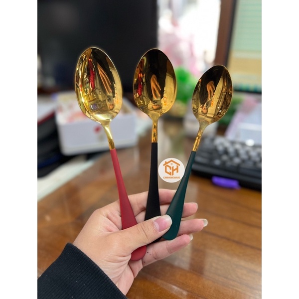 Thìa Inox Mạ Vàng Cán Dài Nhiều Mầu Sang Trọng Cam Homeware