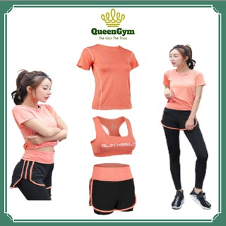 Bộ Đồ Thể Thao Slim Healthy QueenGym Set 3 Món Áo Thun Ngắn Tay, Bra, Quần Ngắn Chạy Bộ, Tập Thể Dục, Yoga Body Tôn Dáng