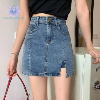 chân váy jean Lưng Cao Xẻ Tà Phong Cách Hàn Quốc 2021 Cho Nữ