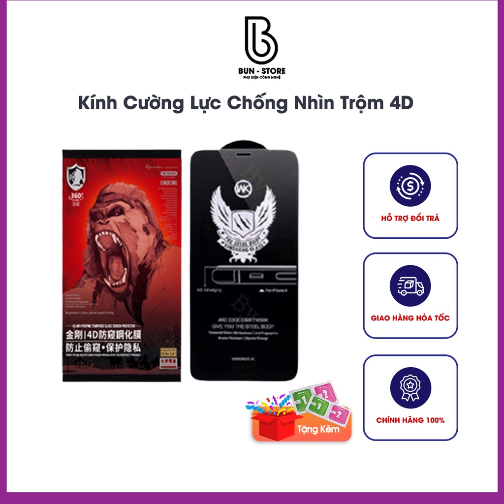 Kính Cường Lực Chống Nhìn Trộm KingKong 4D Full Màn Cho Các Dòng Ip Chống Trầy Xước Bảo Vệ Màn Hình, Miếng Dán Cường Lực