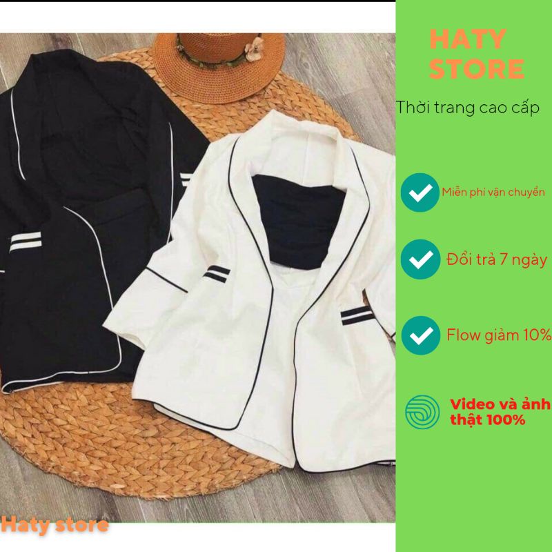 Set vest-blazer dáng suông ngắn tay và quần short  chạy viền trắng đen mặc quanh năm
