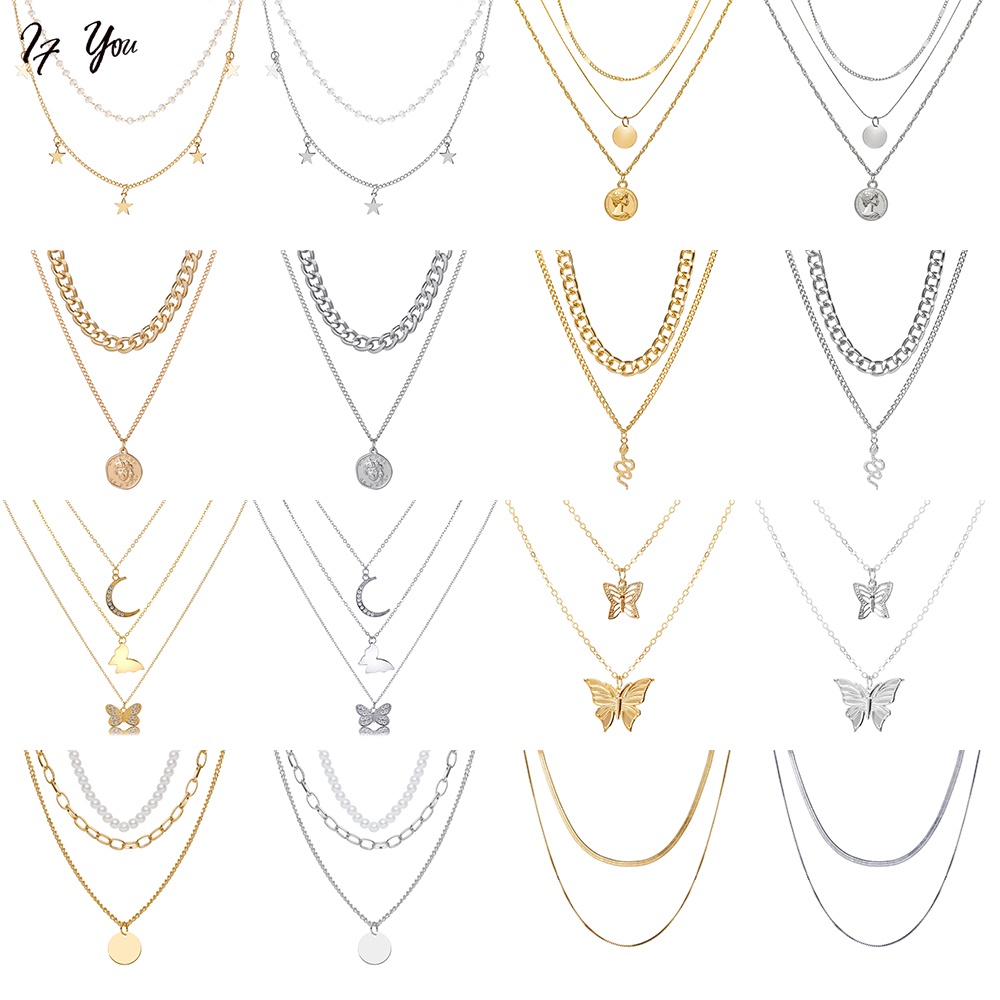 Vòng cổ Nhiều Lớp Mặt Hình Bướm Và Ngọc Trai Thời Trang